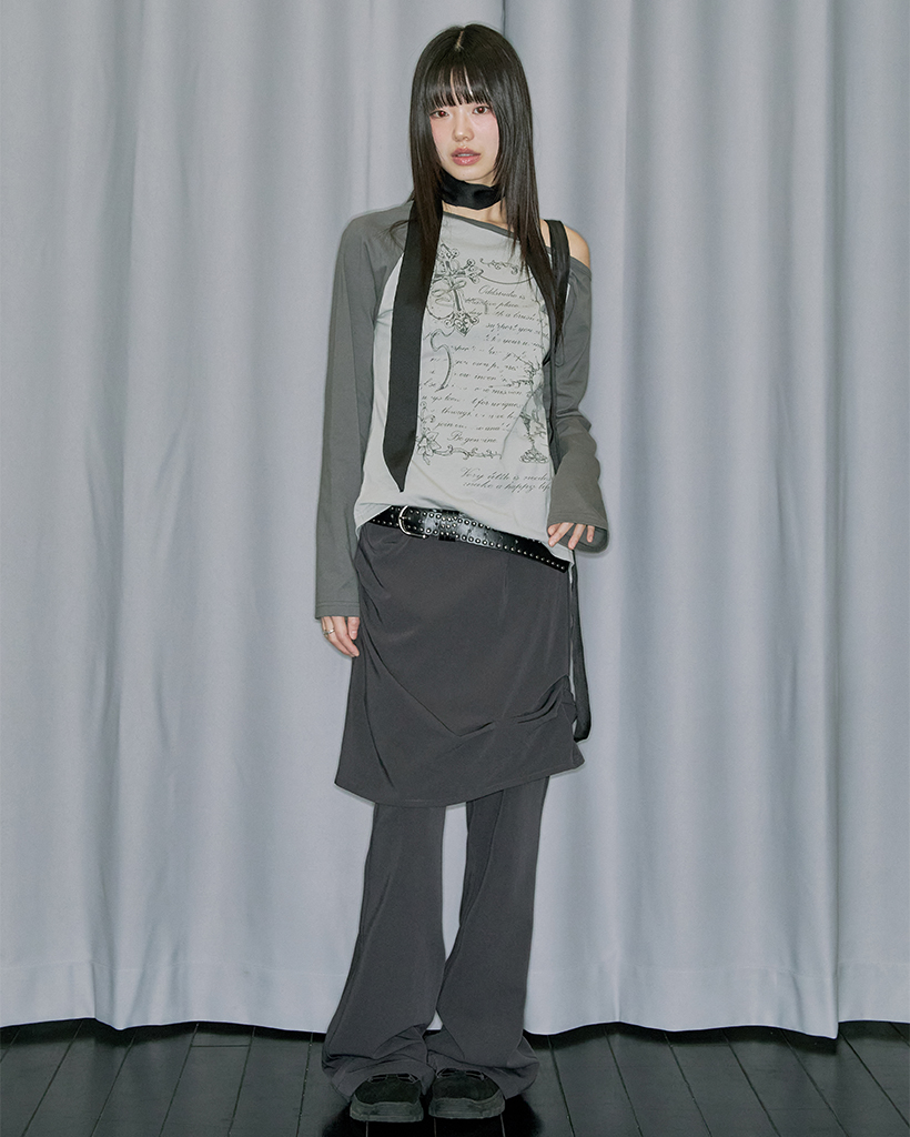 Drape Pintuck Midi Skirt Pants Set - CHARCOAL