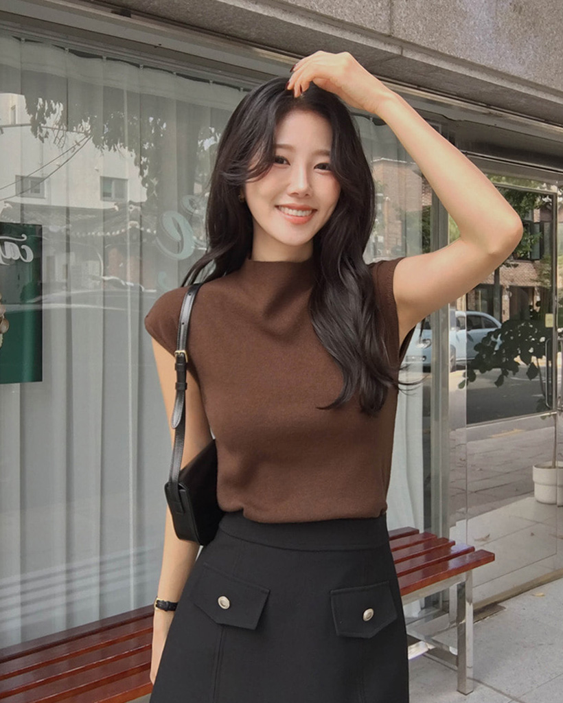 (4color) フレンチスリーブ ハイネック ベーシック ニット