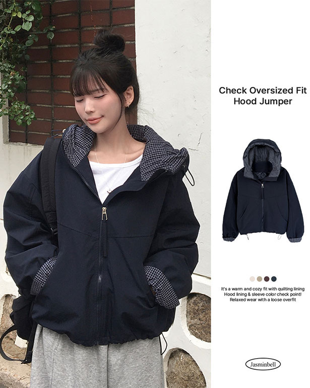 チェックバイカラーフード付きダウンジャケット | ファッション通販