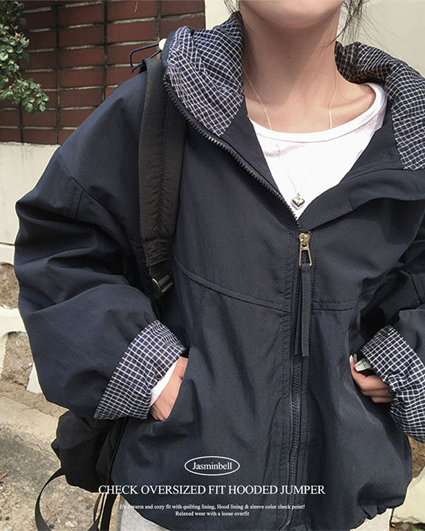 チェックバイカラーフード付きダウンジャケット | ファッション通販
