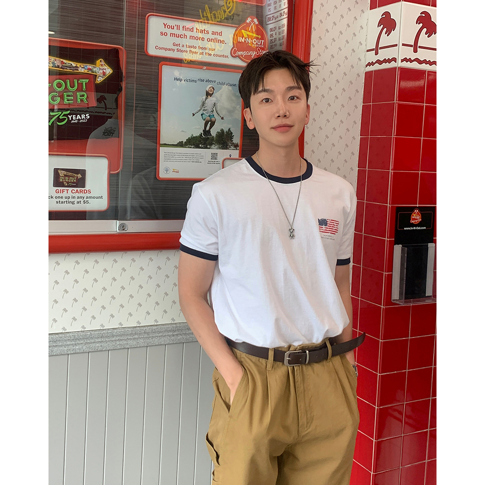 メンズ 男女兼用 ラウンドネック ビンテージプリント半袖Tシャツ original] ラウンドネックプリントバイカラー半袖Tシャツ