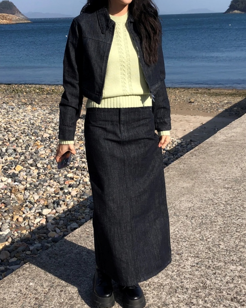 [original/2ピース]クロップドデニムジャケット＆デニムロングスカート