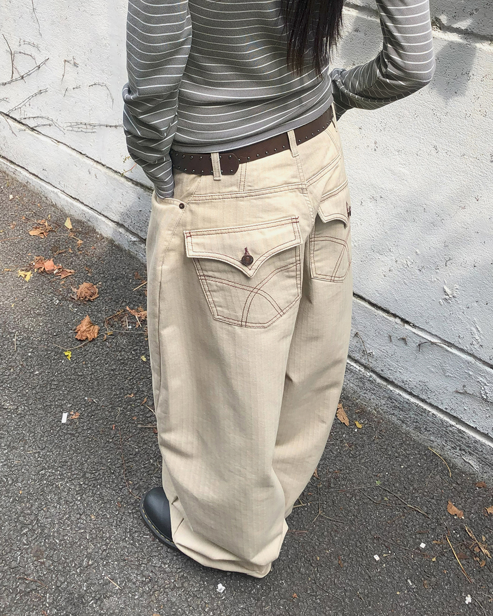 ストライプ ボーダースリットバルーンワイドチノパンツ