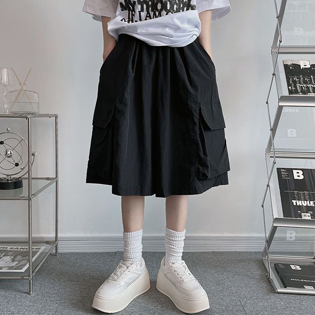 bauhausハーフパンツ　ジップデザイン　バウハウスカーゴショーツ 冷感ナイロンカーゴワイドゴムショットパンツ/ハーフパンツ