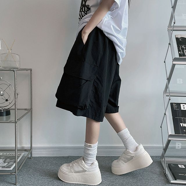 冷感ナイロンカーゴワイドゴムショットパンツ/ハーフパンツ