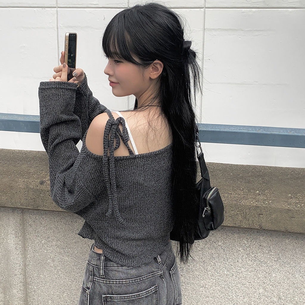 ワンショルダーリボン裾メロウクロップドニット(3color