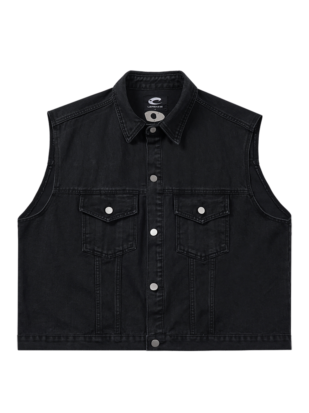 Cropped Denim Vest Jacket - Black