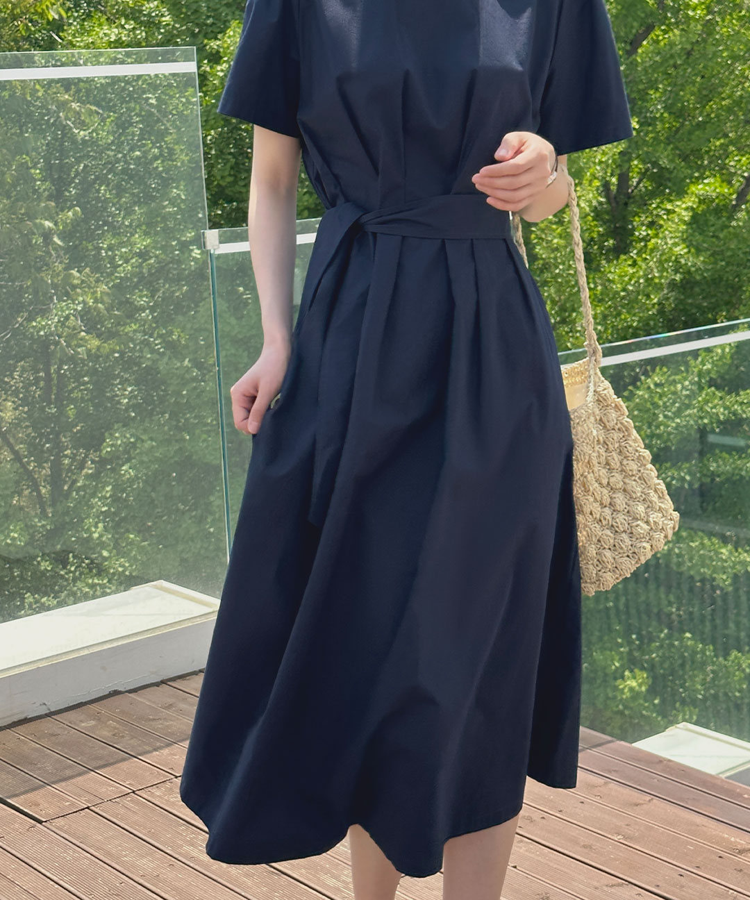 オケージョン】[S-XL]ストラップタック入り半袖ロングワンピース