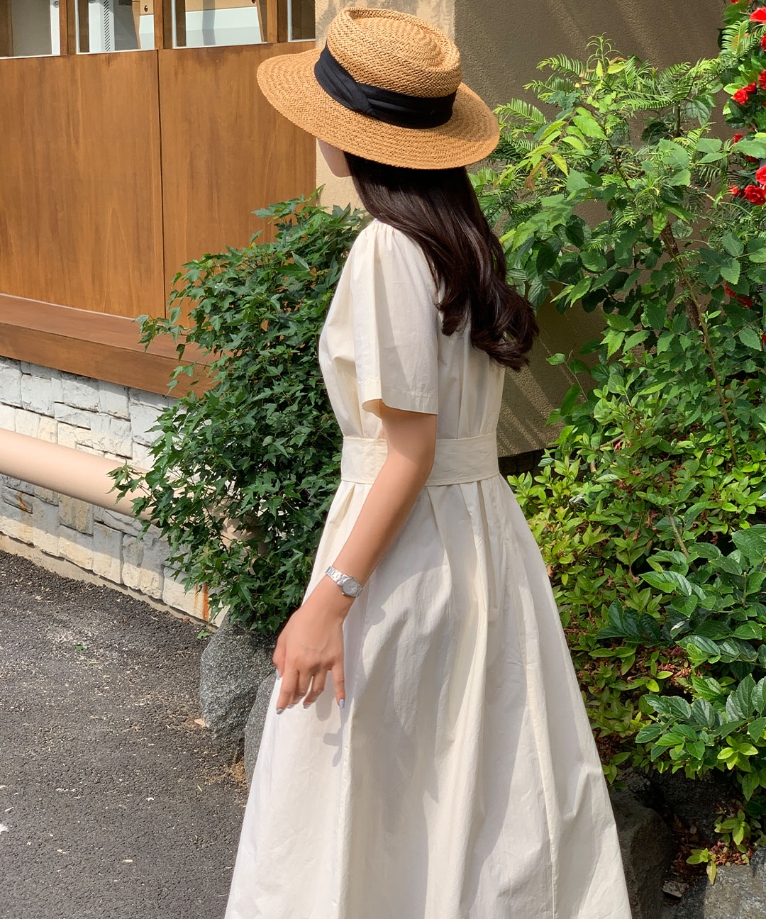 オケージョン】[S-XL]ストラップタック入り半袖ロングワンピース
