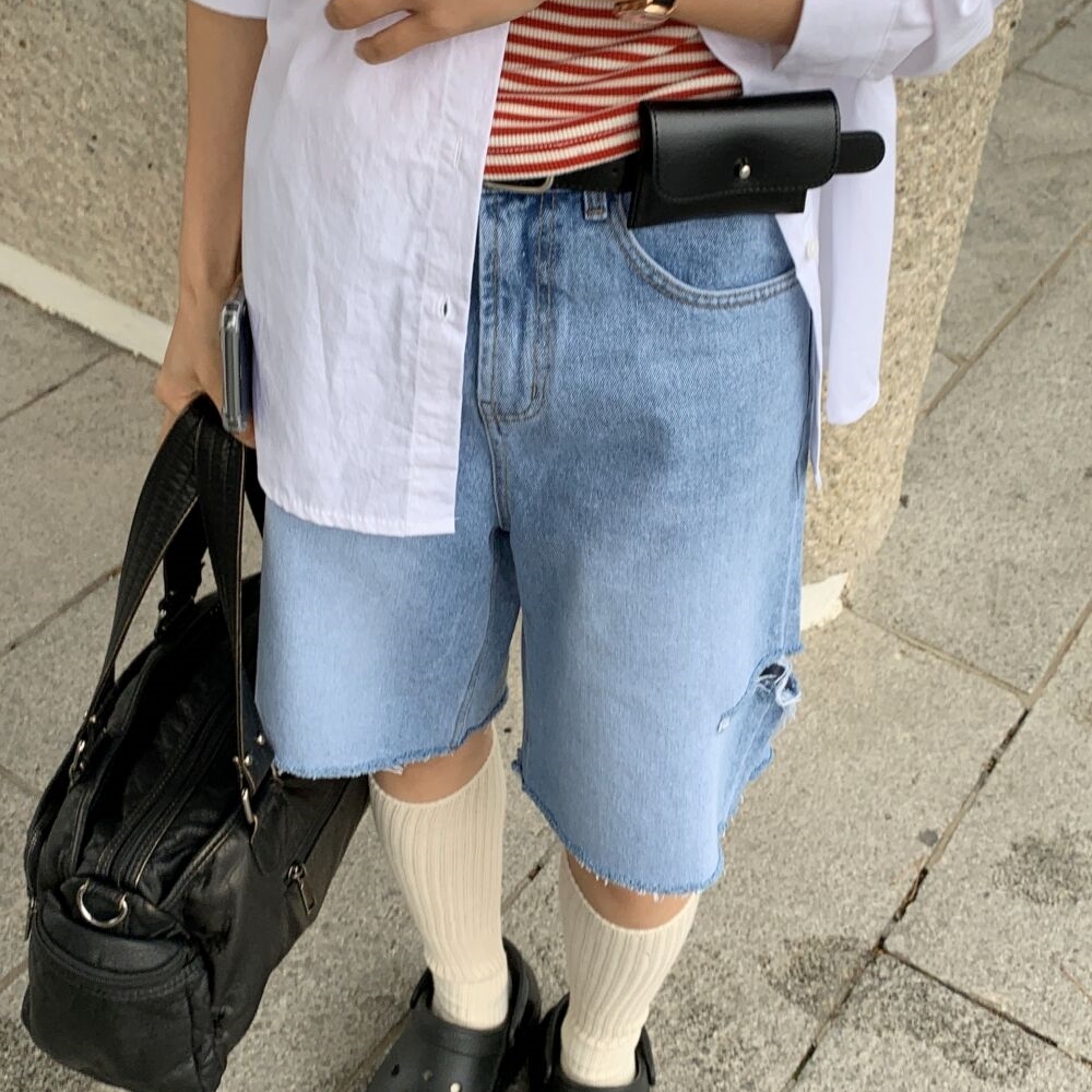 ワイドミドル丈デニムハーフパンツ2color | ファッション通販