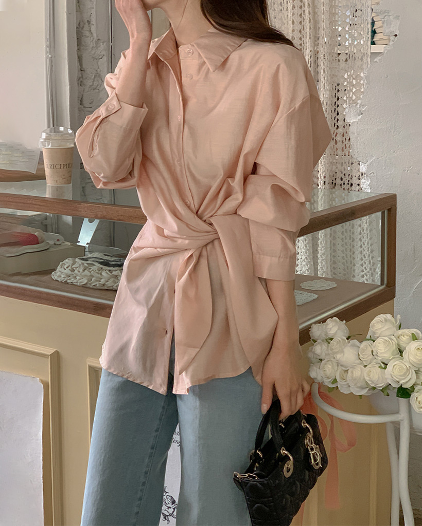 (3color) ウエストリボン ラップ ブラウス トップス