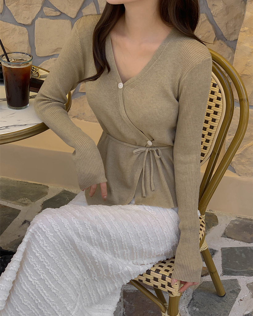 (4color) Vネック ラップ リボン ニット カーディガン