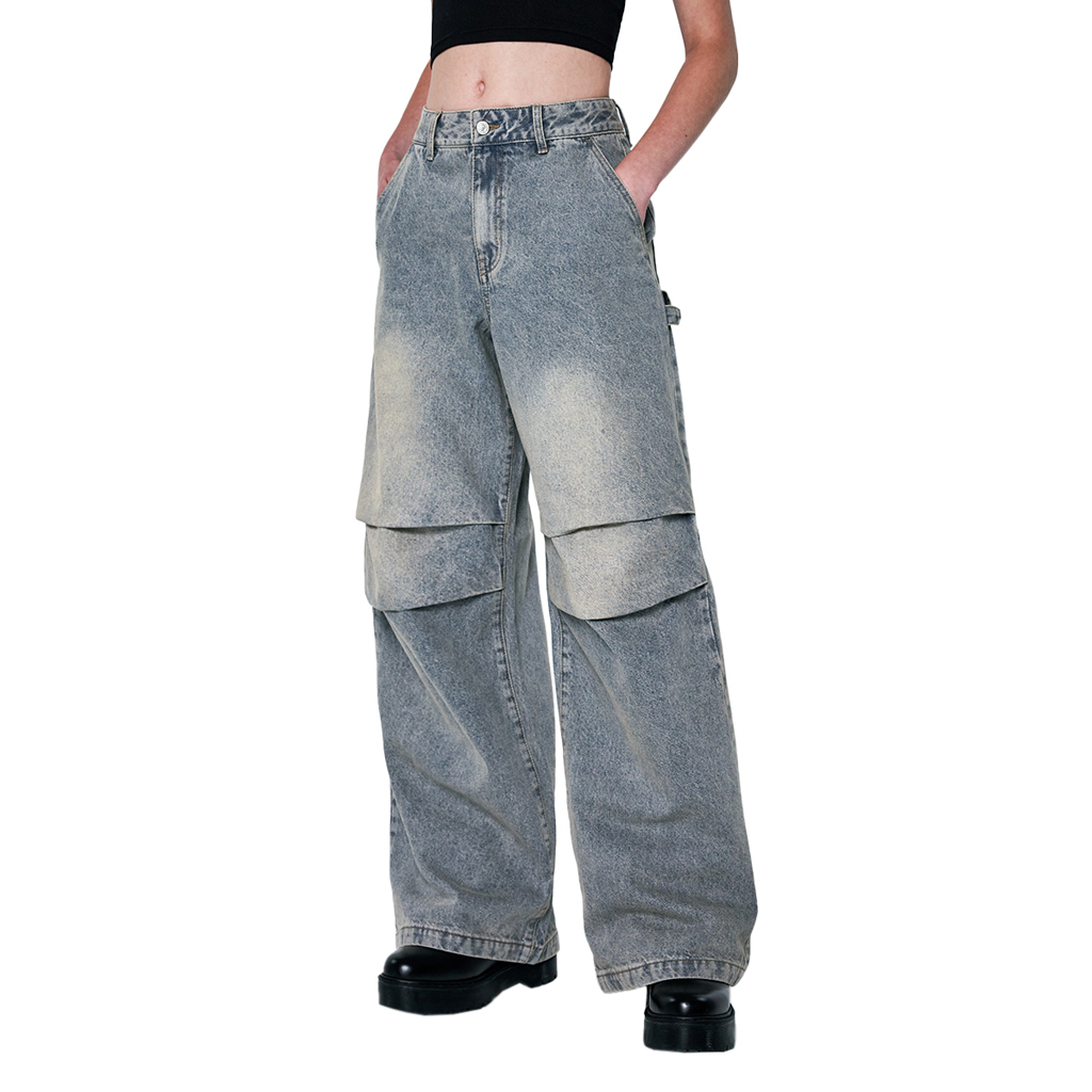 Parachute Washing Wide Denim Pants - light gray