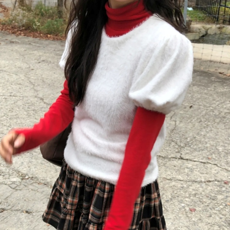 レイヤードアンゴラ半袖ブラウス