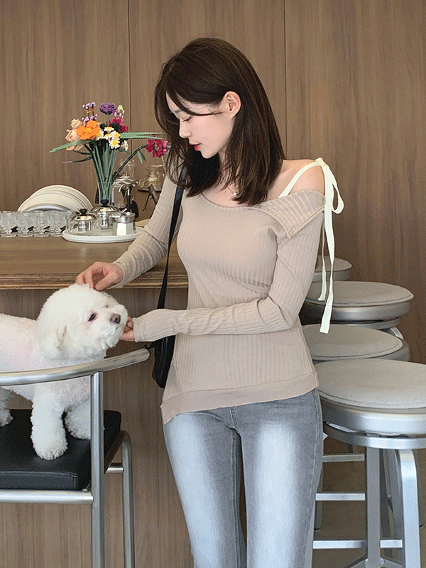 5　【定価72,000円】IRENE ショルダー リボン リブニット　S ニット セーター ワンショルダー リボン リブニット レディース