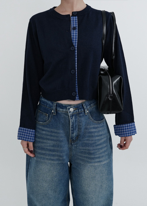 ラウンドネックチェック カーディガン