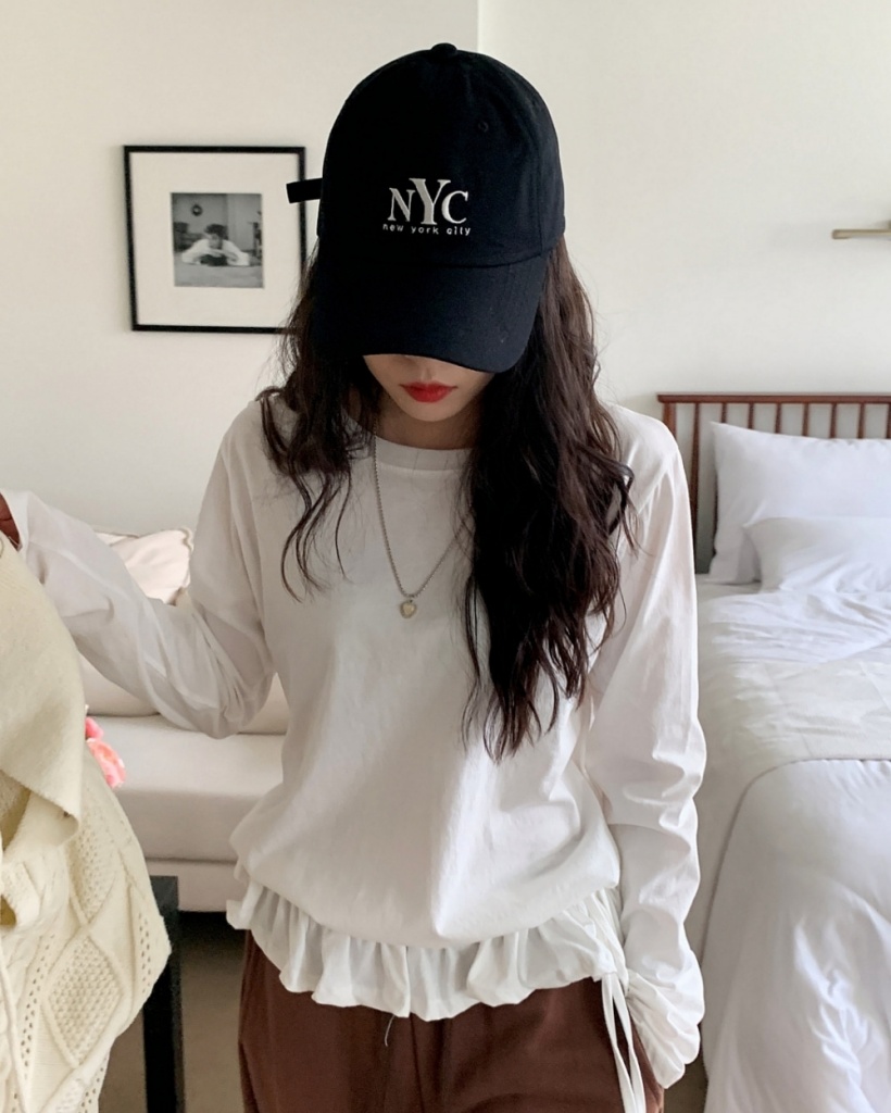 ルーズフィットラウンドネックフリルレイヤード長袖Tシャツ3color
