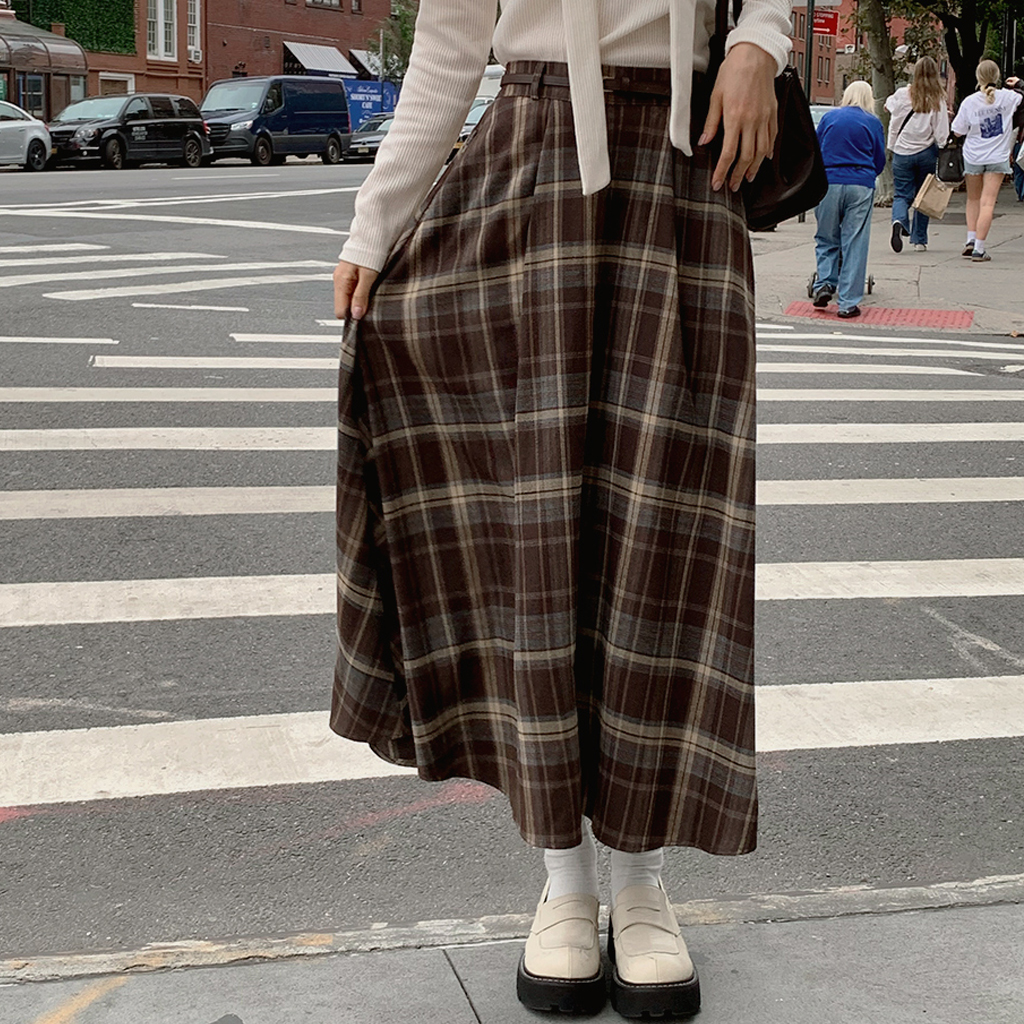 厚みウールチェックミドル丈ロングスカート | ファッション通販