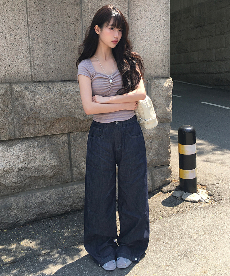 サマー生デニム裾ボタンワイドパンツ | ファッション通販サイト NUGU