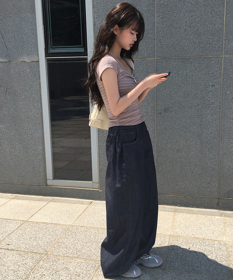 サマー生デニム裾ボタンワイドパンツ | ファッション通販サイト NUGU