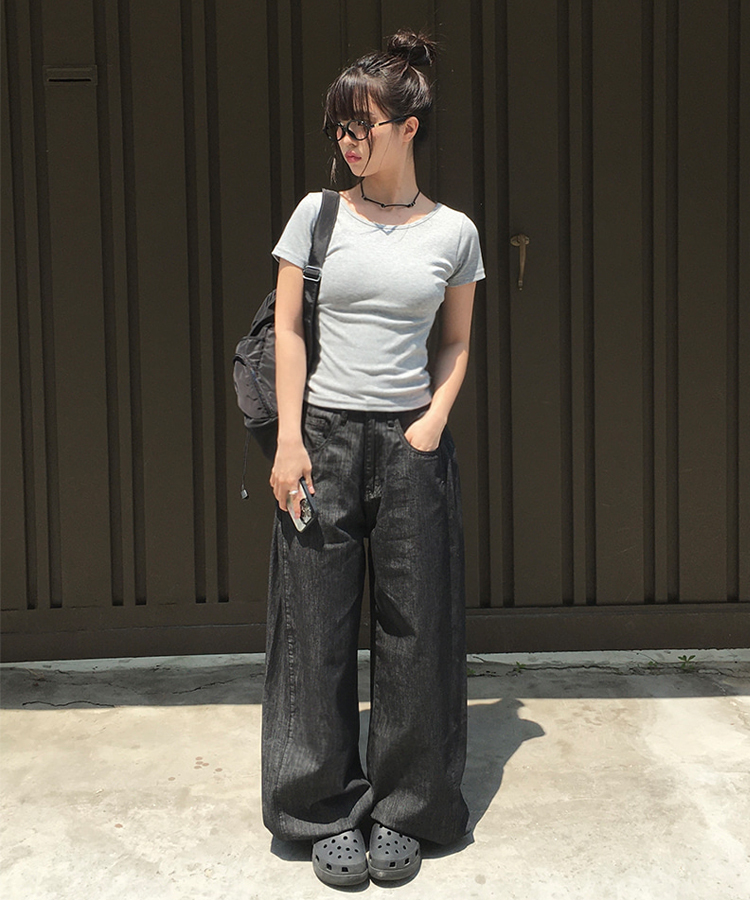 サマー生デニム裾ボタンワイドパンツ | ファッション通販サイト NUGU