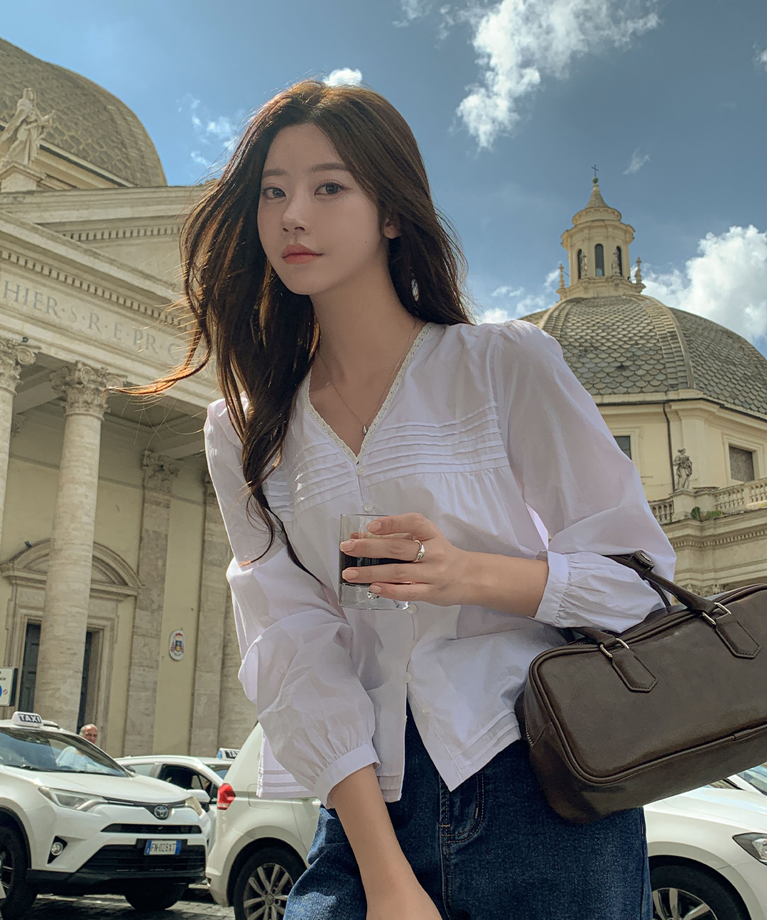 [original]ピーチズ Vネック ピンタック レース ブラウス (S-L)