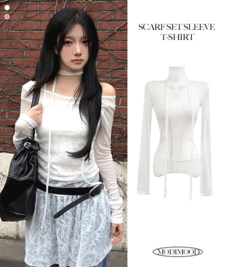 スカーフセットUネックシースルー長袖スリーブ