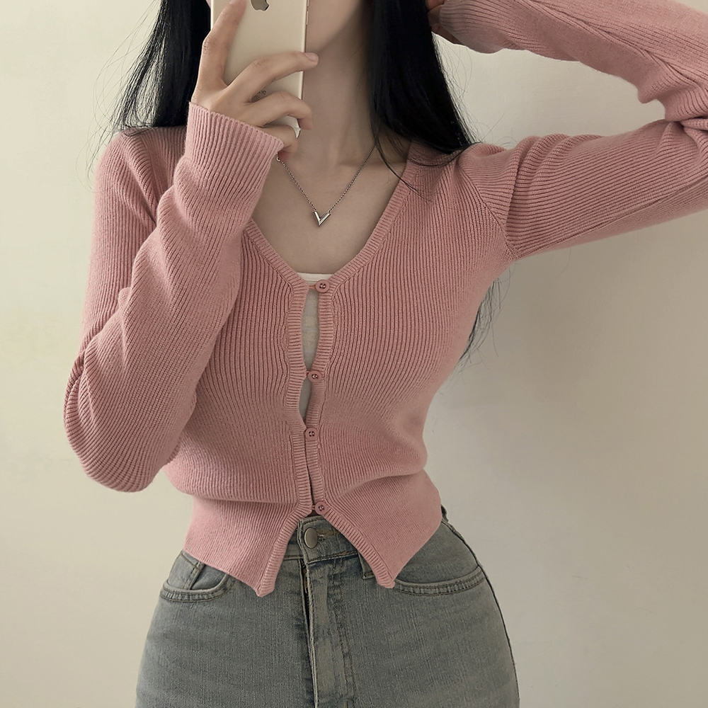 Vネックリブクロップドニットカーディガン | ファッション通販