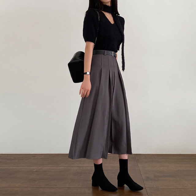 秋プリーツAラインベルトマキシロングスカート | ファッション