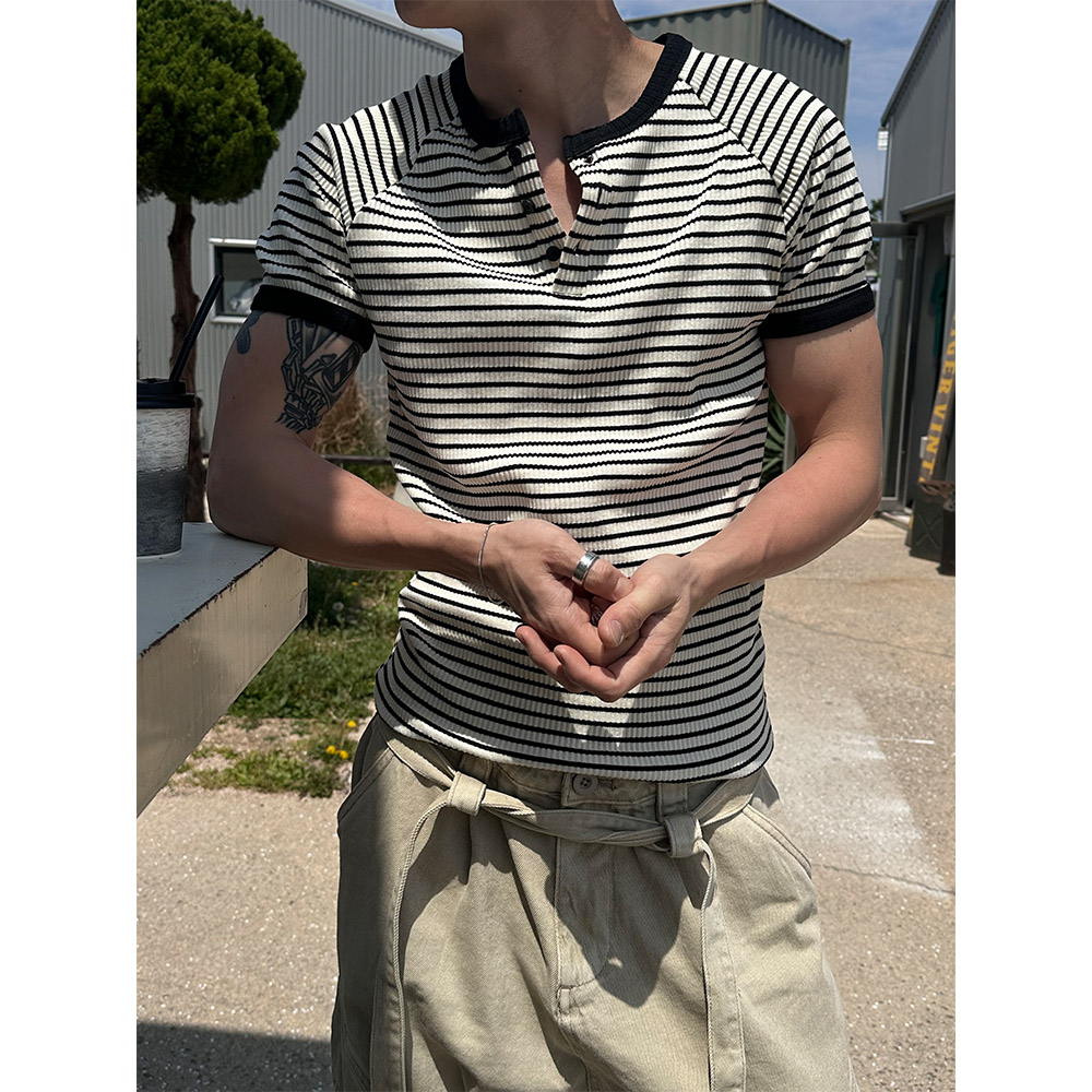 Slim fit] Stripe henry neck half knit t-shirts(3color