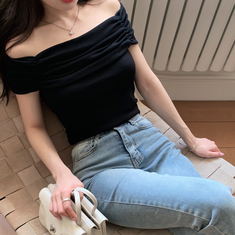 シャーリングオフショルクロップドTシャツ(3color) | ファッション通販