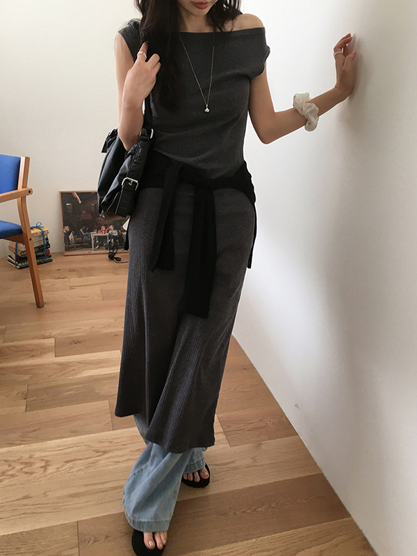 リブオフショルレイヤードロングワンピース | ファッション通販
