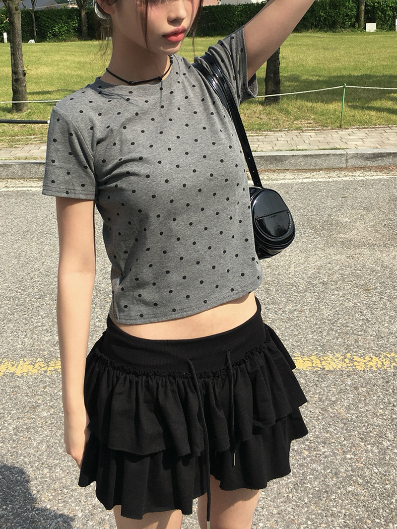 ヘアーシュシュ付きドット柄スリム半袖Tシャツセット