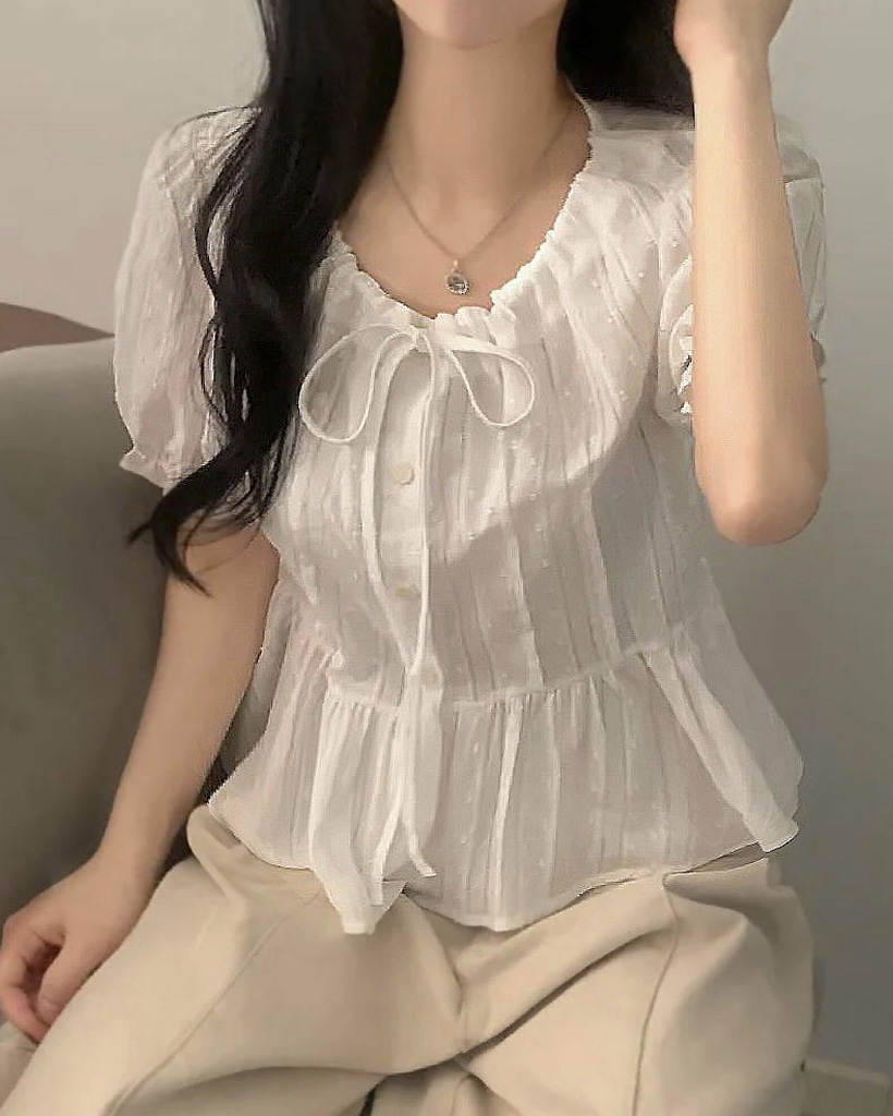 パンチングドット半袖リボンブラウス-3color | ファッション通販