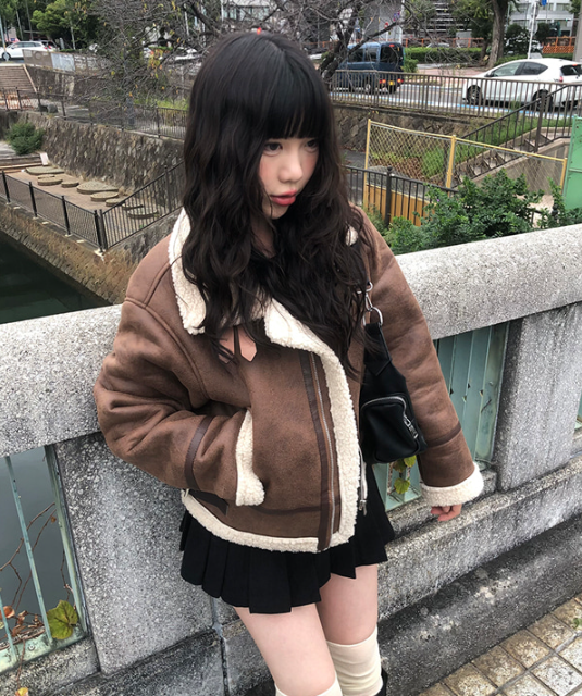 スエード調フード付きボアムートンコート (2color