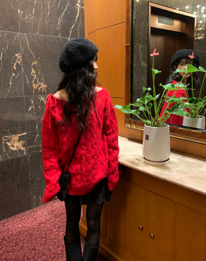 オフショルダーリボンケーブル編みルーズニット（4color）