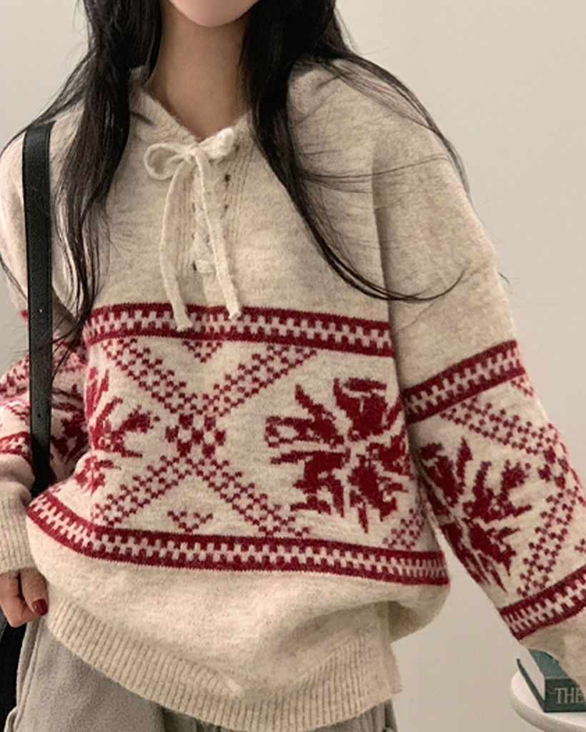 ノルディック柄リボンニットフードパーカー | ファッション通販サイト NUGU