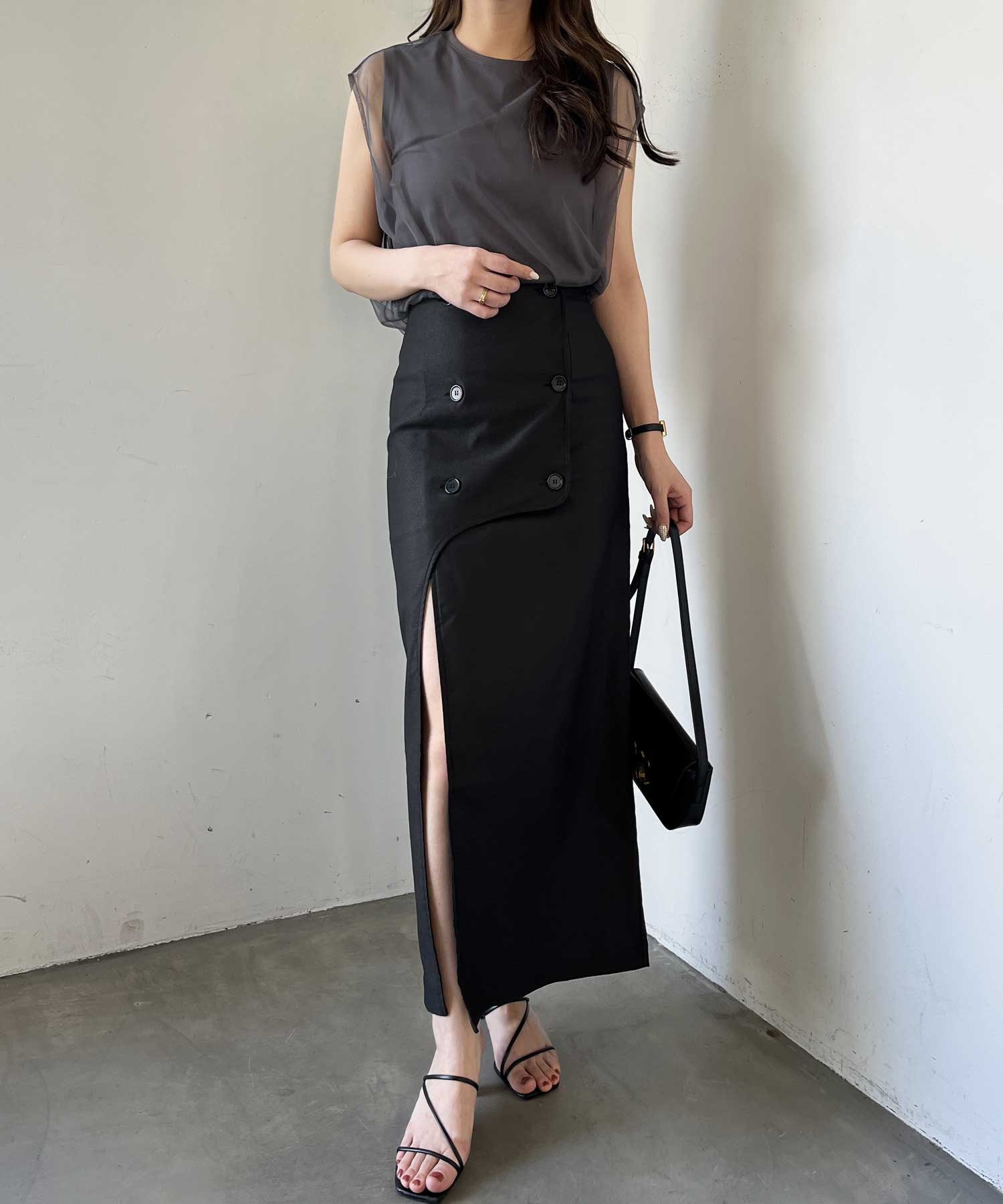 フロントボタンハイウエストスリットスカート