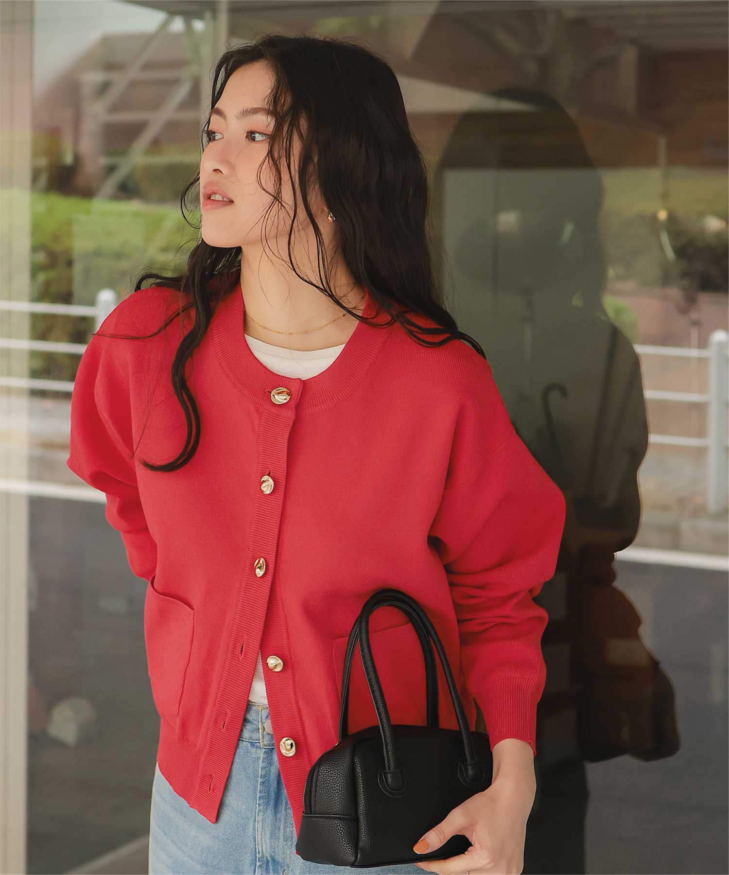 デザイン釦ポケットニットカーディガン